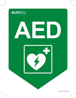 Show details for AED here arrow 150mm X 200mm